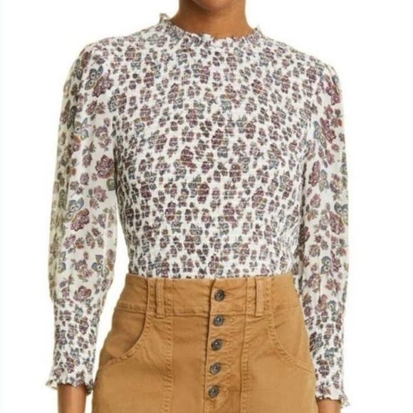 Veronica Beard | Kali smocked floral blouse top Women’s size 12 ruffle stretch - Picture 1 of 10